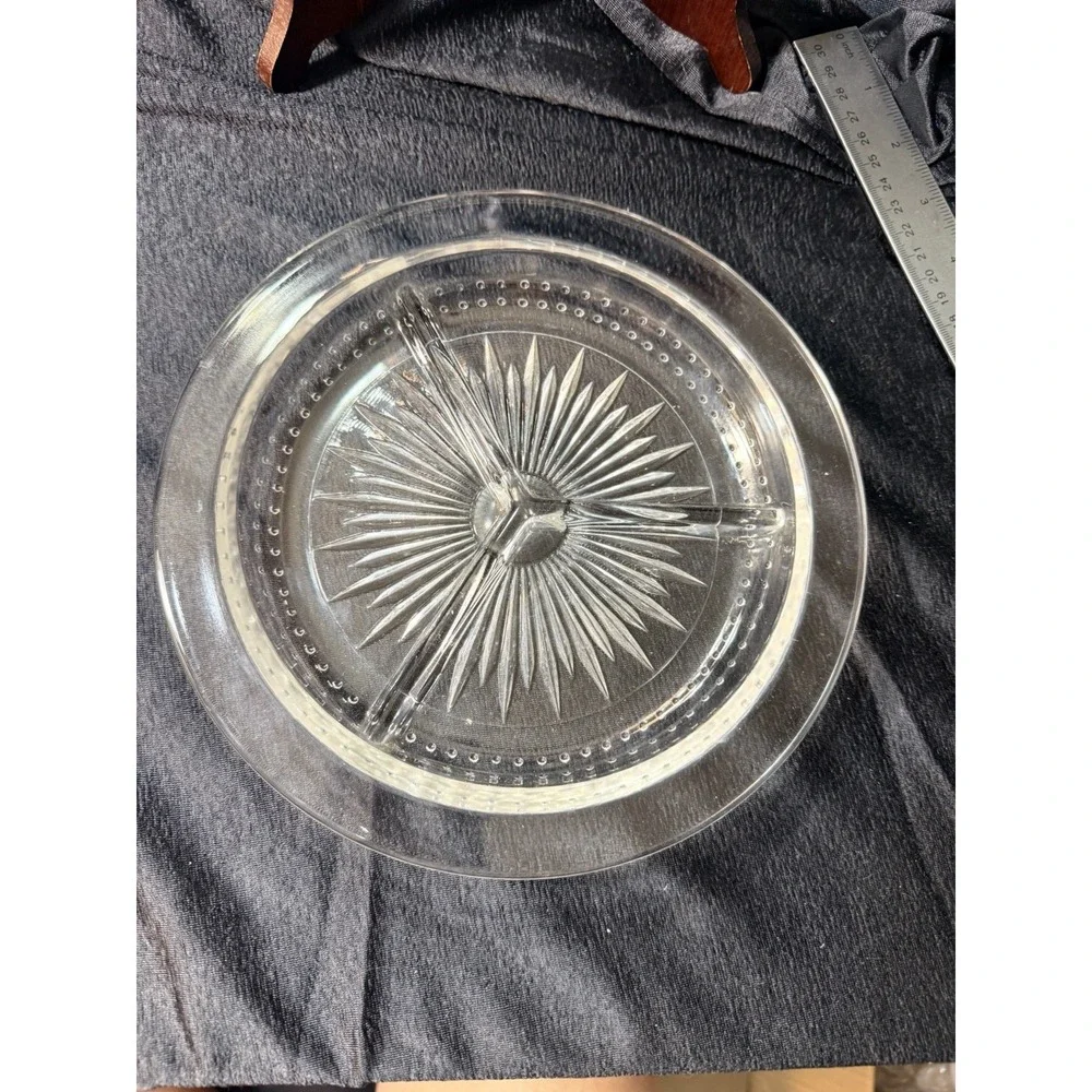 Clear Glass Relish Dish 3 Part Divided Dots‎ & Starburst Bottom MCM (2822)